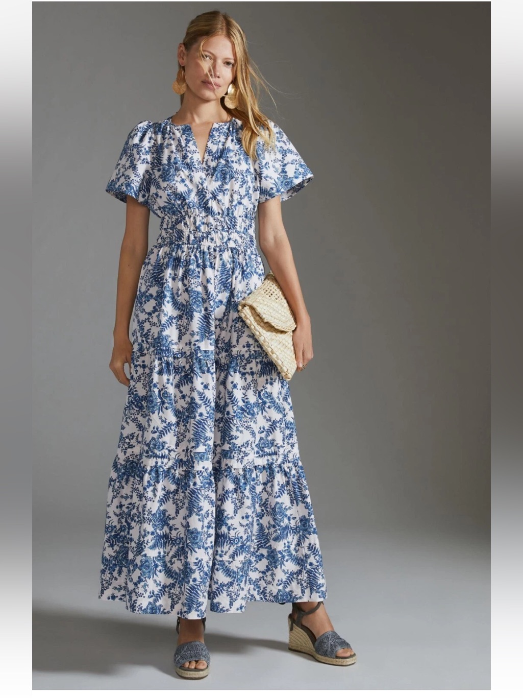 Anthropologie Cotton Somerset Tiered Maxi Dress In Blue Chinoiserie Size Medium